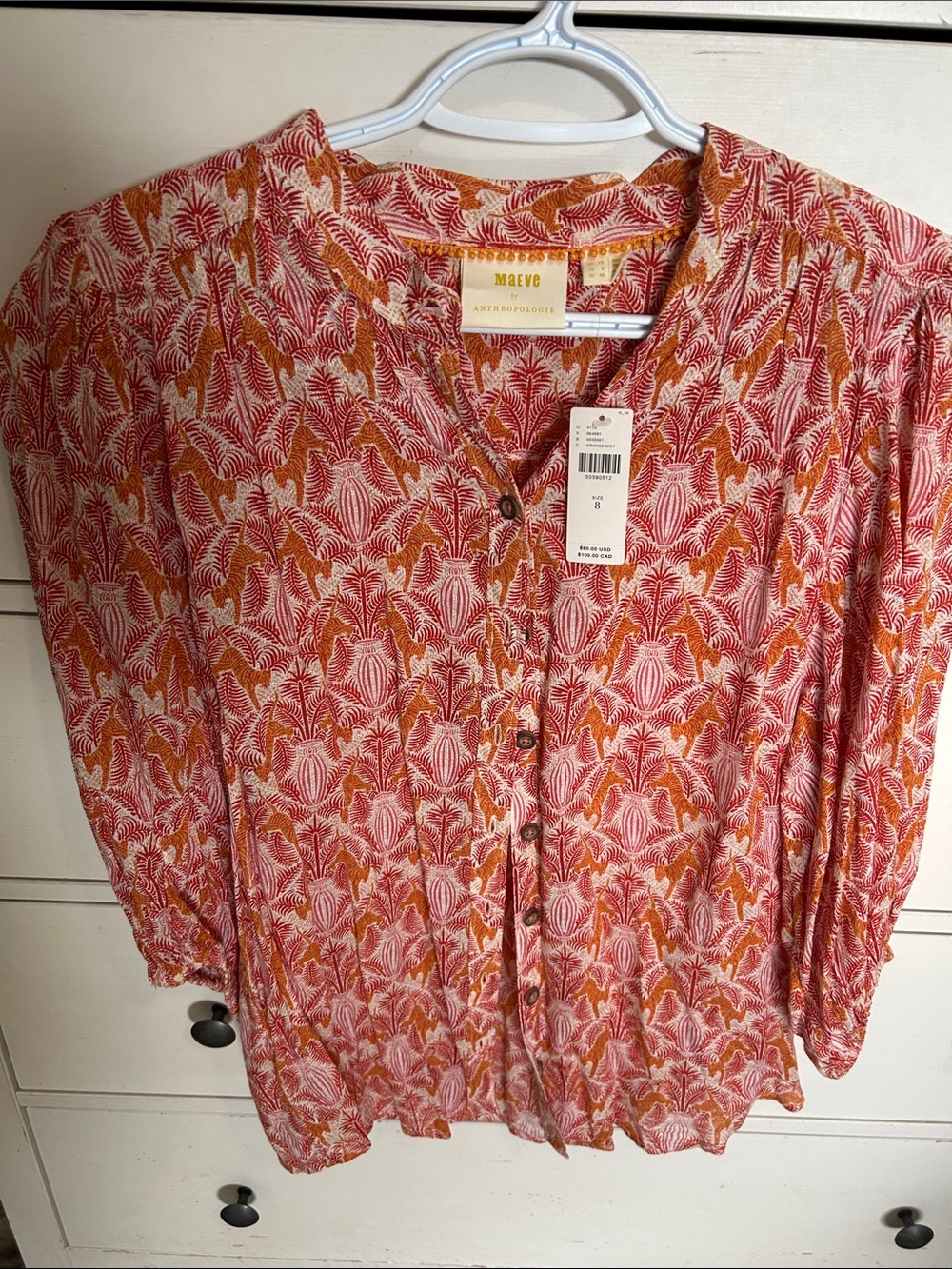 Anthropologie Pink & Orange Printed Button-Down Blouse